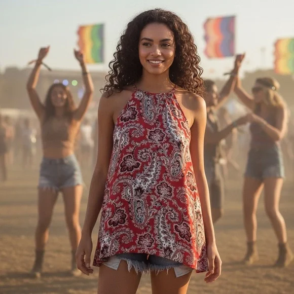 American Eagle Paisley Halter Tunic Tank Top Red Flowy Boho Resort Concert M - Picture 3 of 11